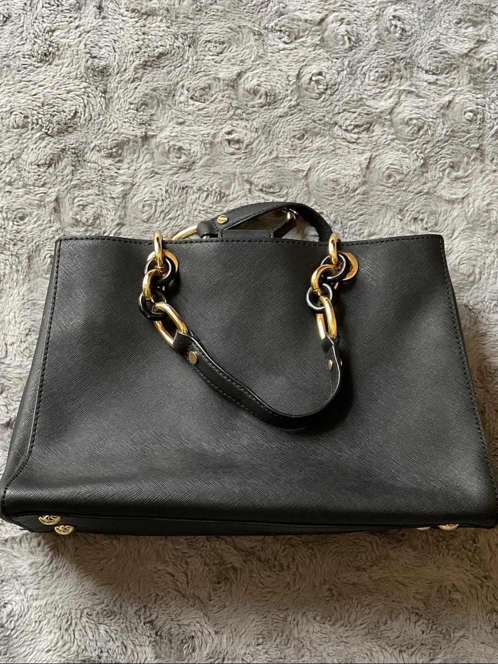 Michael Kors Black Leather Shoulder Tote with Gold Chain Trim